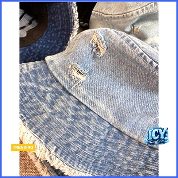 Distressed Denim Bucket Hat Frayed Edge Adjustable Sun Protection